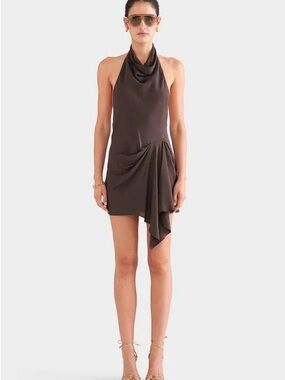 Venroy Halter Neck Draped Mini Dress in Chocolate Brown